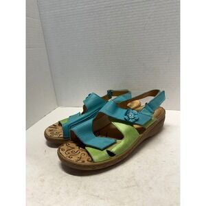 Pikolinos Teal Lime Green Leather Flower Slingback Comfort Sandals Spain 39 8.5